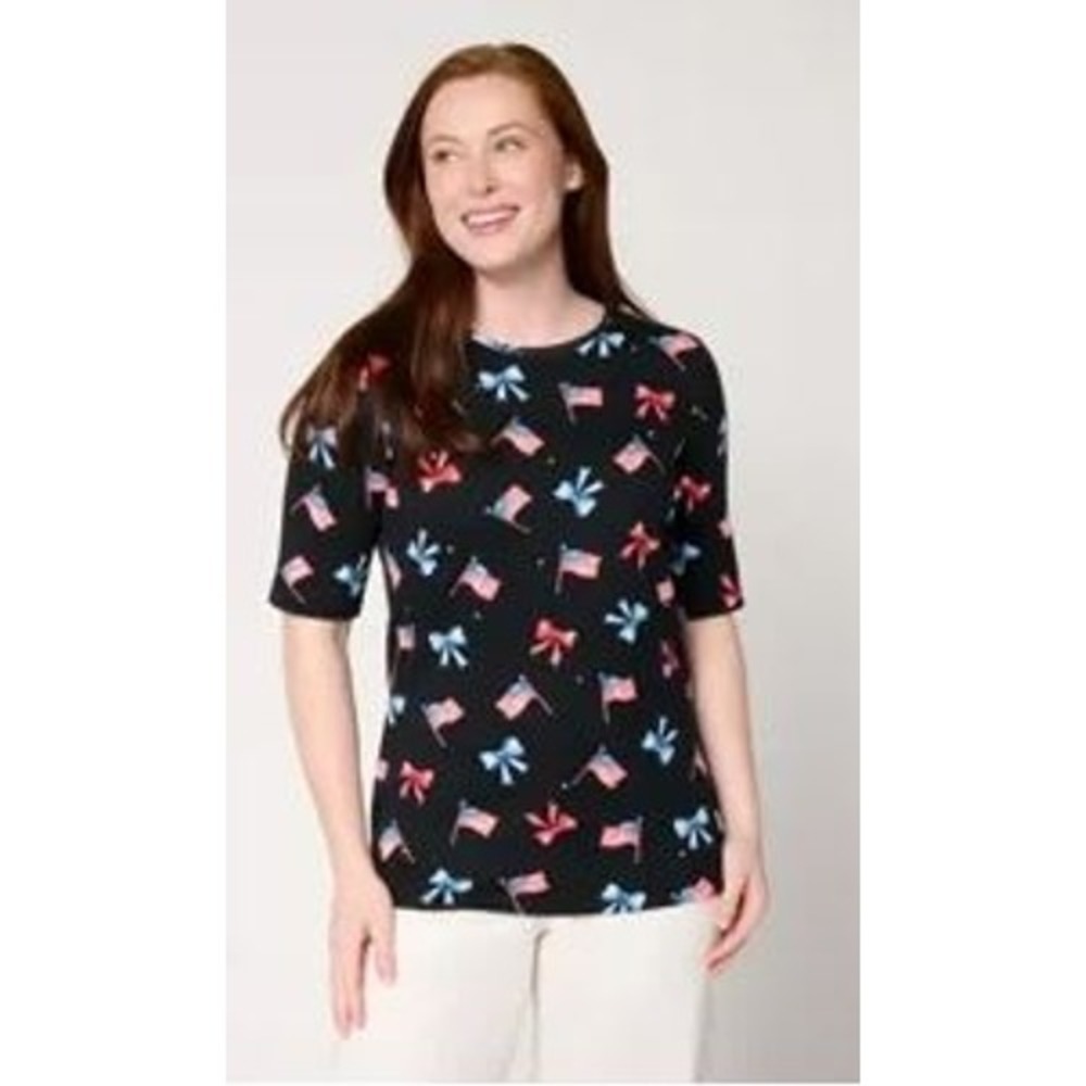 Quacker Factory Size XL Top Black Cotton God Bless America Printed Elbow Sleeves